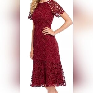 ANTONIO MELANI Wine Red Lace Overlay Midi Dress, Lined, Mermaid-style Hem, Sz: 4